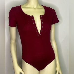 Burgundy Ribbed bodysuit by SHEIN. (L)